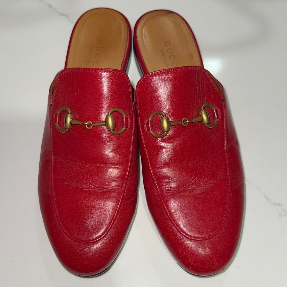 Gucci Red Leather Princetown Mules with Gold Hardware